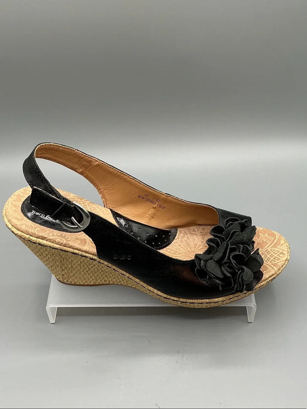 b.o.c. Black Floral Slingback Wedge Sandals with Decorative Rosette, size 10